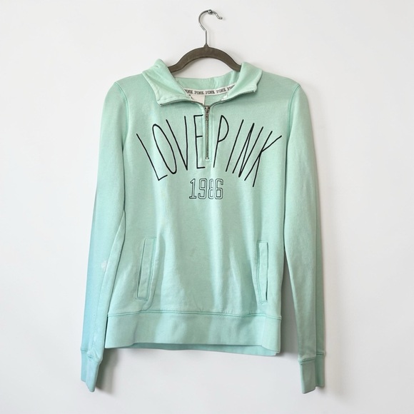 PINK Victoria's Secret Tops - Y2K PINK Victoria's Secret Mint Green 'LOVE PINK' Quarter-Zip Sweatshirt Sz M